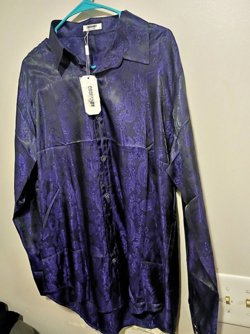 COOFANDY Men Casual Long Sleeve Satin Dress Shirt Paisley Print Purple